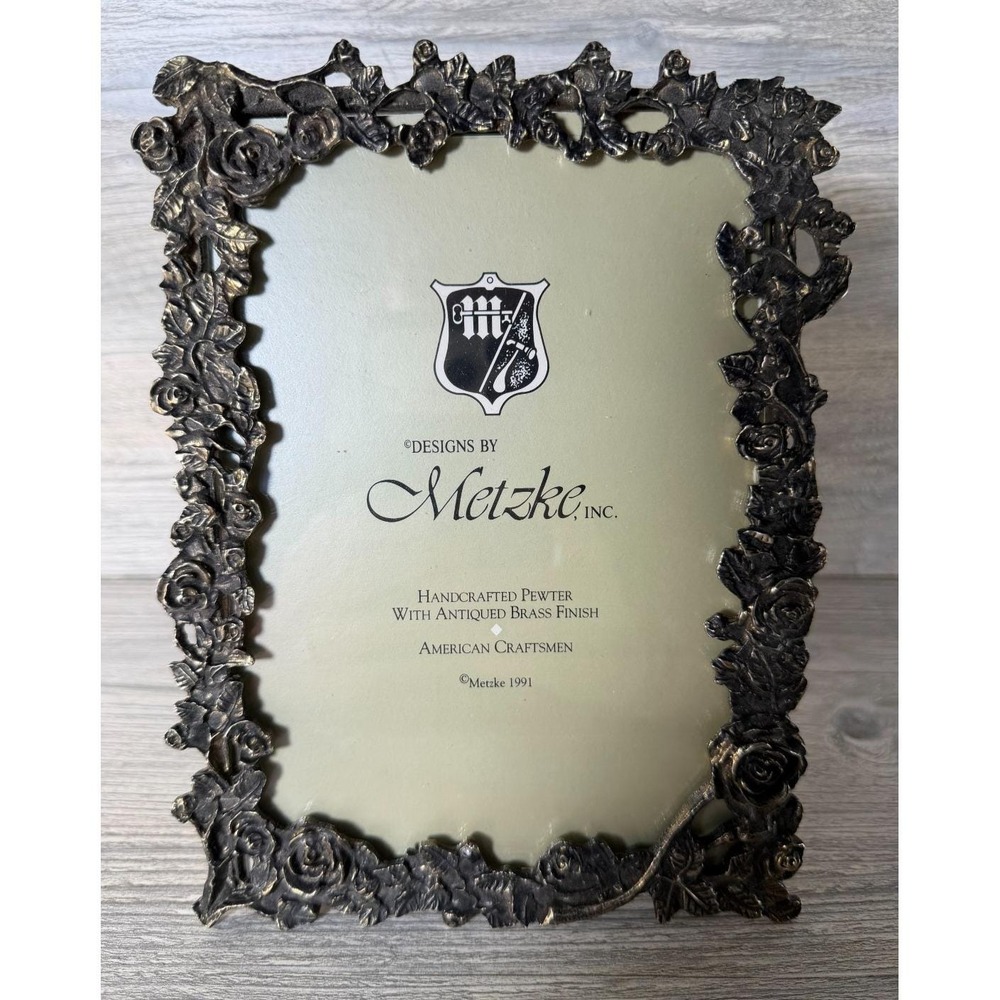 Metzke Vtg Photo Frame Antiqued Brass Finish Pewter 5" x 7" Floral Made In USA